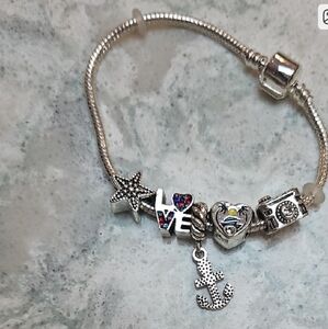 Silver Charm Bracelet with Nautical and Love Charms